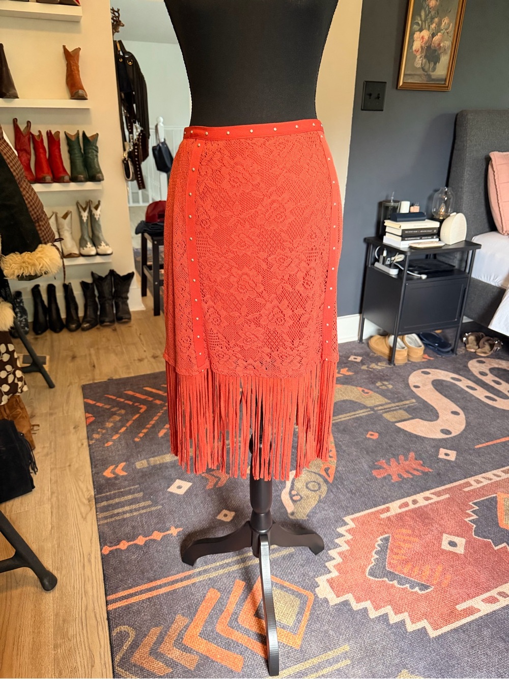 Idyllwind Red Lace Fringe Midi Skirt